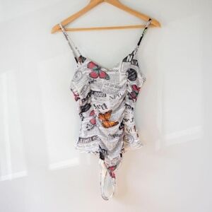 Newspaper indie Y2K style pink Butterfly Print Skater Summer Bodysuit Top